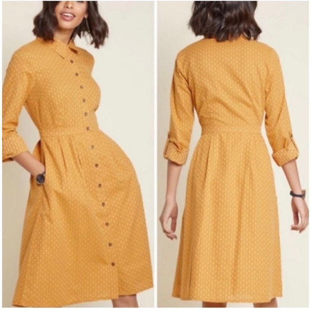❌SOLD❌ Modcloth Broadcast Coordinator Shirt Dress Mustard Yellow Fall Style - Picture 2 of 13